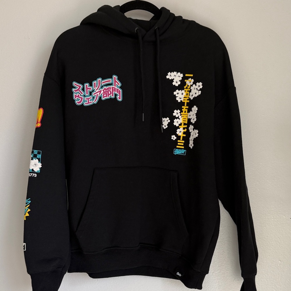 STWD Black Graphic Hoodie Sweatshirt with Japanese Cherry Blossom unisex size M